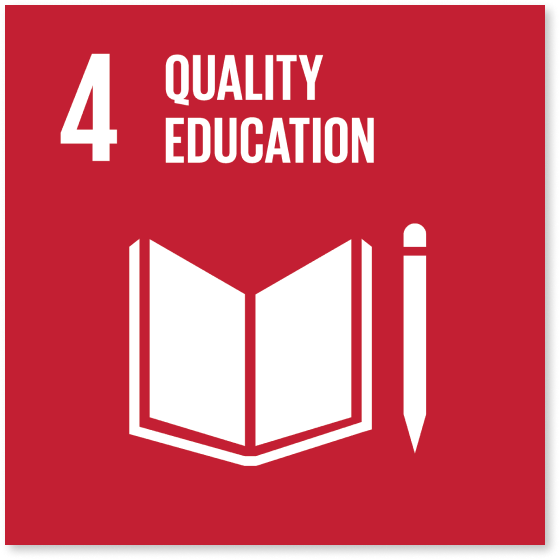 Man sieht das Logo des vierten SDGs mit Titel Quality Education und einem Buch und Stift